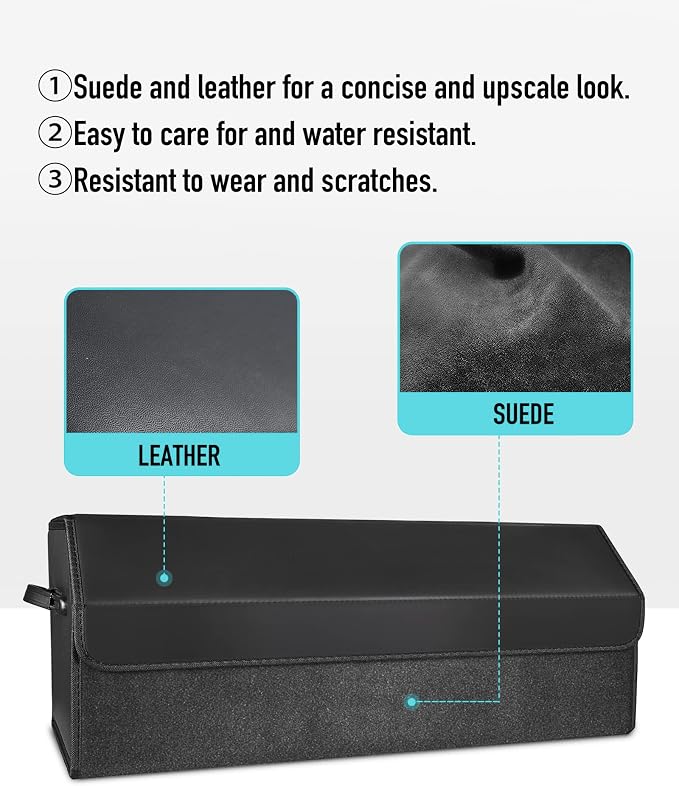 Fyzeoty Car Organizers for Trunk for Suv Sedan, Leather Storage Box,Extra Large,Magnetic Lid,Collapsible and Adjustable, S004, Black