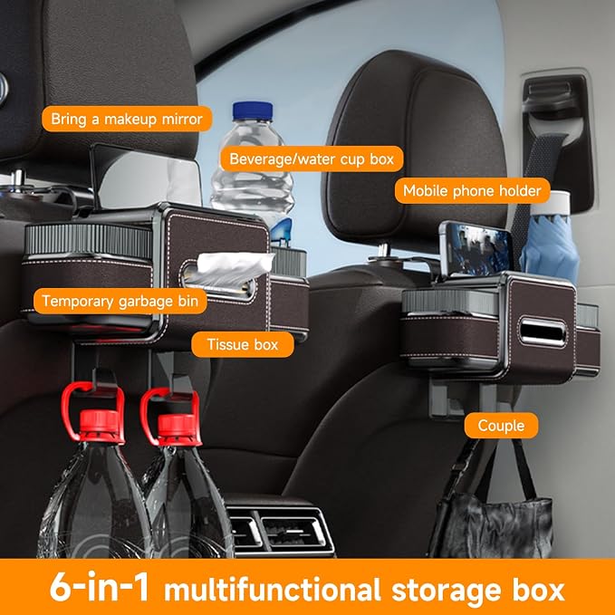 Multifunctional Car Headrest Backseat Organizer Box with Drink Cup Holder, Makeup Mirror, Tissue Box & Hooks for Car Seat Back, Upgrade Car Headrest Backseat Organizer Great for Kids and Travel(Brown)