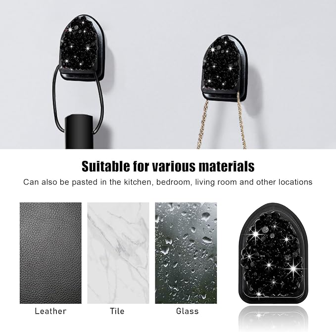 Yourkar 4PCS Bling Car Mini Hooks, Multifunctional Adhesive Small Auto Storage Hook for Key Cable Mask, Crystal Rhinestone Dashboard Hanging Hook, Interior Decor Car Accessories (Black)