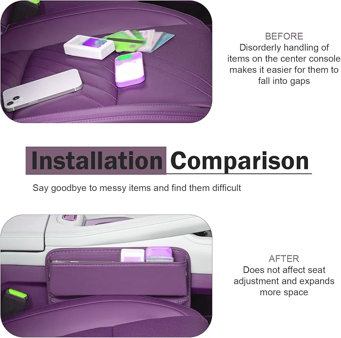 Car Seat Gap Organizer, Leather Multi-Pocket Storage Pouch, Automotive Seat Gap Organizer for Phone, Keys & Small Items, Universal for Most Cars (Purple)