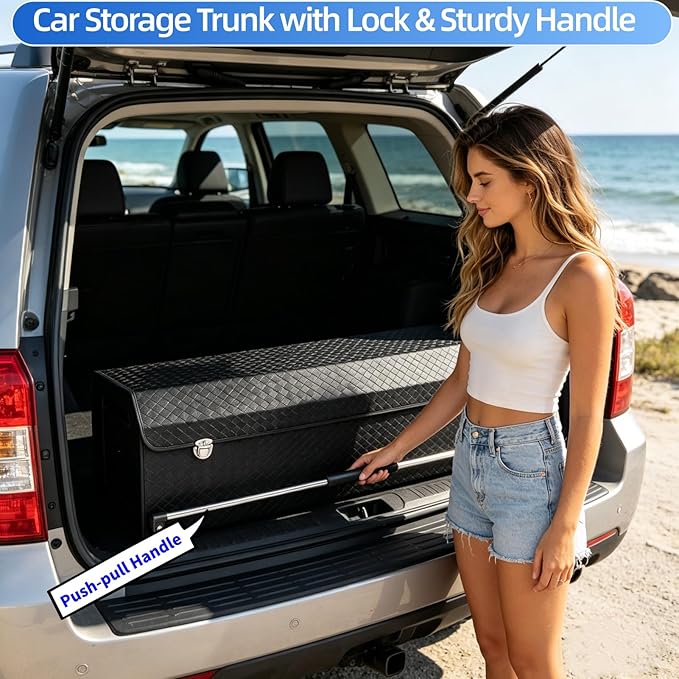 SUV Trunk Organizers, Sturdy Leather Trunk Storage Organizer with Lid & Push-pull Handle, Large Capacity Waterproof Cargo Storage Box for BMW Audi Civic Sedan (39.7 x 11.4 x 12.2in)