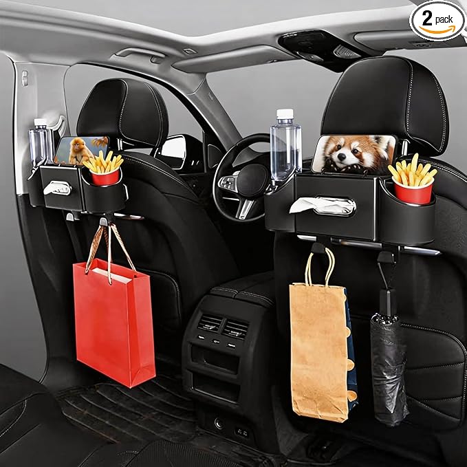 Back Seat Car Organizer,4 in 1 Multifunctional Car Back Seat Storage Box with Drink Cup Holder Tissue Box, for Hold Phone,Snacks, Drinks, Handbag-Black-2Packs