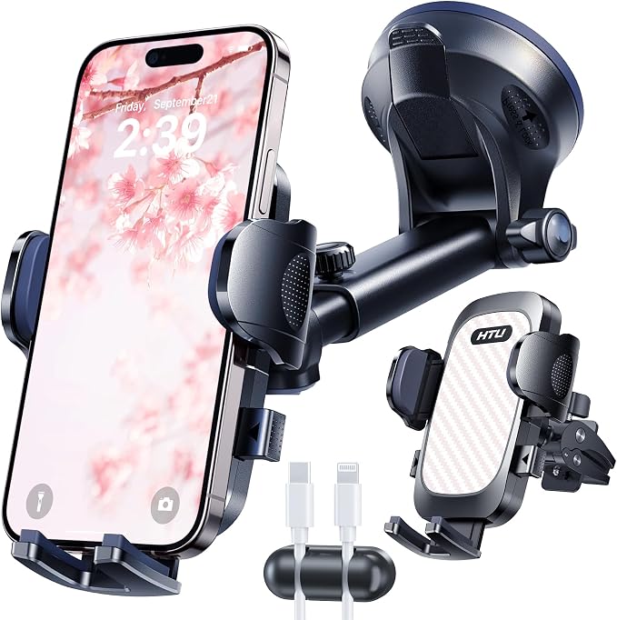 HTU 2026 Ultimate Best【True Military-Grade & Safety Cert】Car Phone Holder【Upgraded 360 Rotation & 100+LBS Strongest Suction】5-in-1 Truck Windshield Dashboard Vent Mount Stand for iPhone Android, Pink