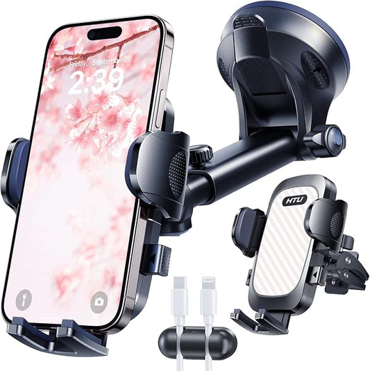 HTU 2026 Ultimate Best【True Military-Grade & Safety Cert】Car Phone Holder【Upgraded 360 Rotation & 100+LBS Strongest Suction】5-in-1 Truck Windshield Dashboard Vent Mount Stand for iPhone Android, Pink