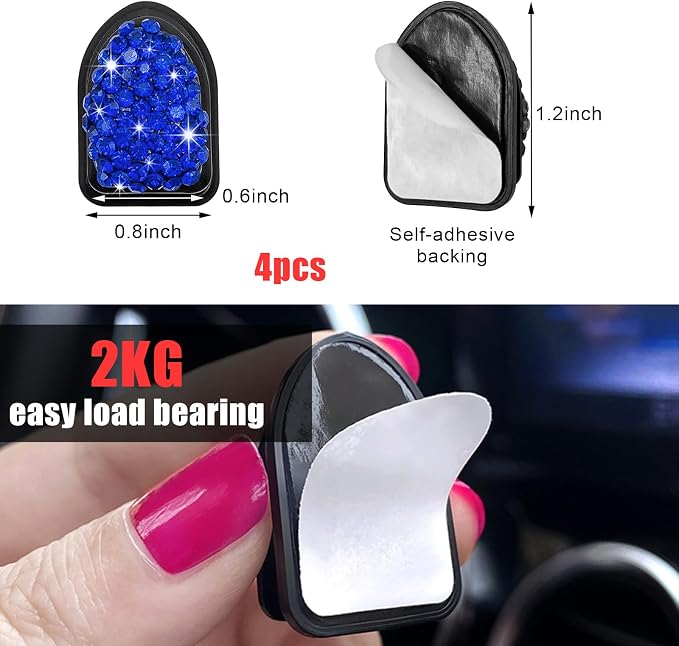Yourkar 4PCS Bling Car Mini Hooks, Multifunctional Adhesive Small Auto Storage Hook for Key Cable Mask, Crystal Rhinestone Dashboard Hanging Hook, Interior Decor Car Accessories (Blue)
