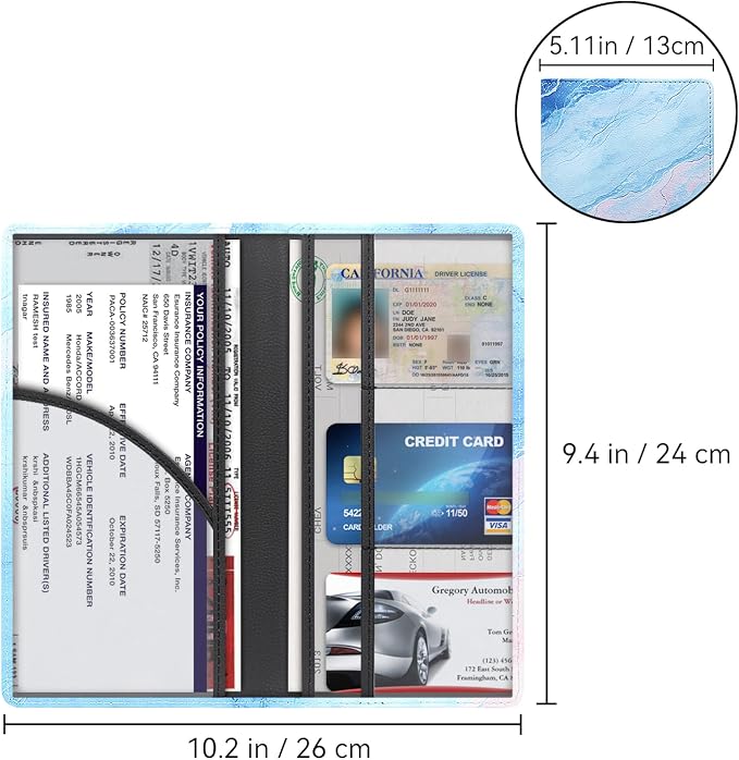 Car Registration and Insurance Holder, Premium Pu Leather Vehicle Glove Box Organizer - for Driver License, Cards & Essential Documents (L-Marble)