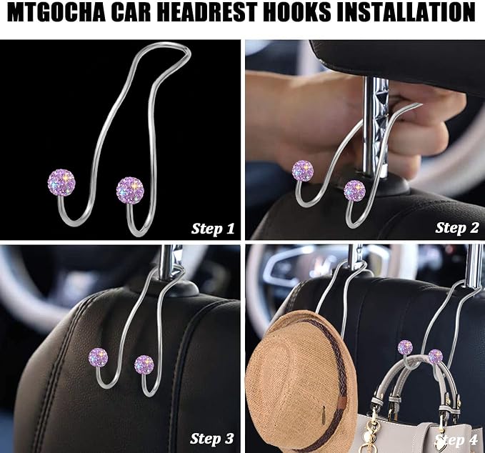 Bling Purse Hook for Car Headrest, Upgraded Cute Car Seat Hooks for Bag Handbag, Durable Stainless Auto Purse Hanger Holder 2 Pack, Light Purple