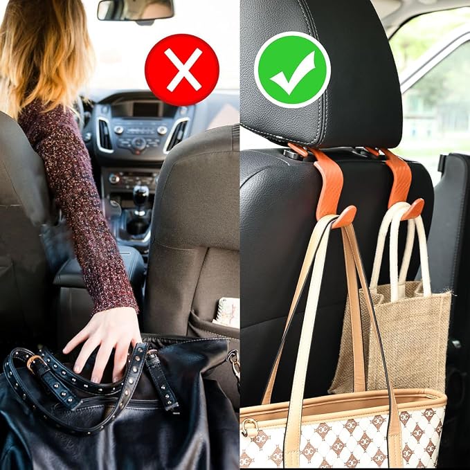 4PCS Car Seat Headrest Hooks, Auto Back Seat Hanger Holder, Durable Stylish Vehicle Organizer Universal Car Interior Accessories, Storage Hooks for Purses, Bags, Clothes (Carbon Fiber/Orange)