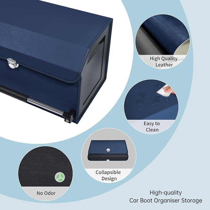 Car Trunk Organizer, Car Trunk Leather Storage Box with Lid and Push-pull Handle Car Trunk Storage Organizer for Car (Blue, 20.47 x 11.42 x 12.2in)