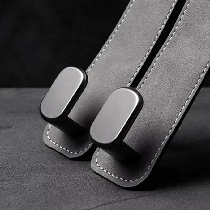 2 Pack Car Headrest Hooks - Premium Leather Seat Holder for Purses and Bags (Grey)