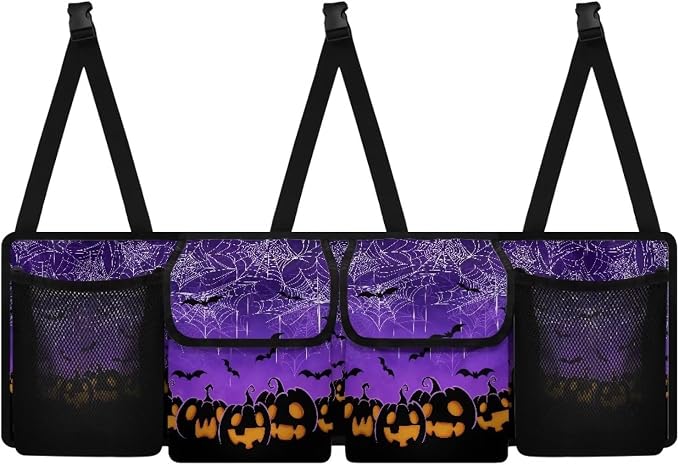 Hanging Organizer for Car Trunk Halloween Prints Collapsible Auto Back Seat Storage Bag with 2 Pockets 2 Mesh Pouches Detachable Automotive Interior Accessories