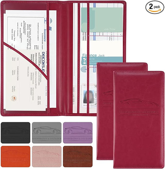 JUSTTOP 2Pack Car Registration and Insurance Holder,Car Document Holder for Cards License with Magnetic Shut,Vehicle Glove Box Car Organizer for Documents, Cards, License(Rose red)