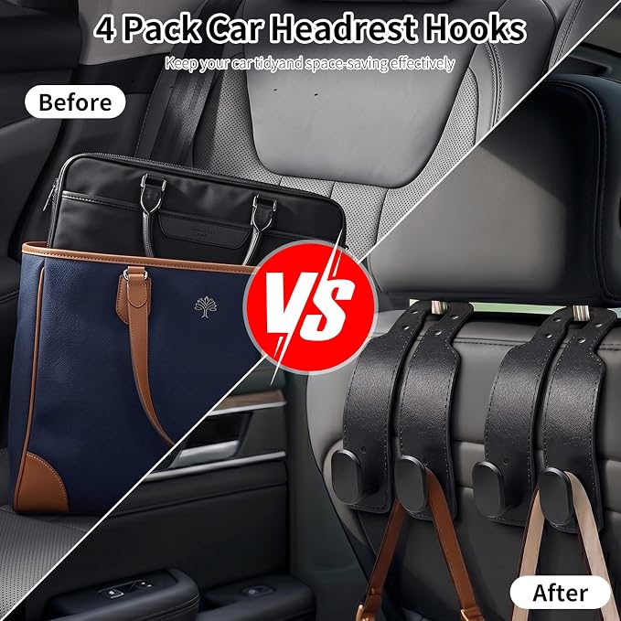 4 Pack Headrest Hooks for Car, Universal Leather Car Seat Back Hooks for Purses and Bags, Durable Car Purse Holder & Backseat Organizer Hanger for Handbags, Grocery Bags, Coats, Accessories, Black