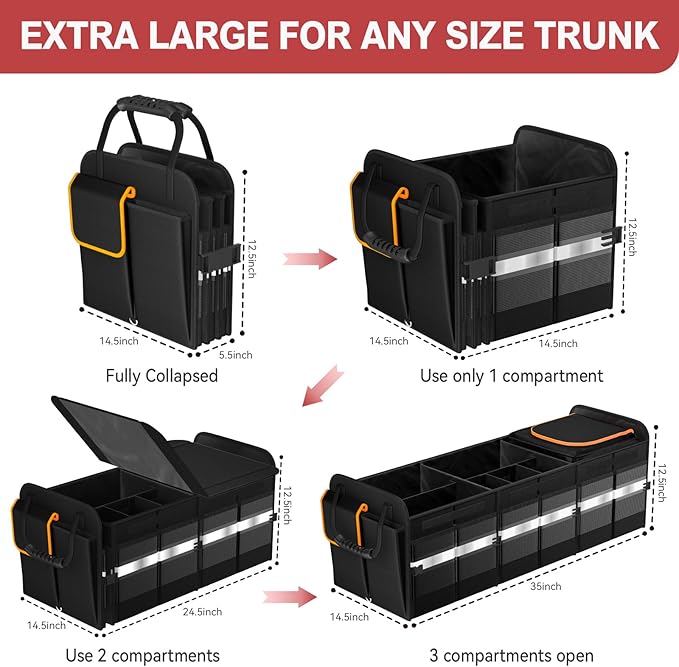 sevgili XL Heavy-Duty Trunk Organizer – Reinforced SUV & Truck Cargo Storage with 6 Adjustable Compartments, Trunk Organizer with Cooler, collapsible Large Trunk Organizer for Car with Cover