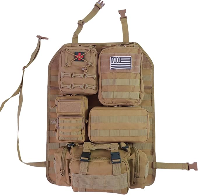 Universal Tactical Car Seat Back Organizer Bag Tactical Molle Vehicle Organizers Panel Vehicle Protector Organizers with 5 Detachable Pouches for Car Truck Ford Jeep (Model A-Khaki)