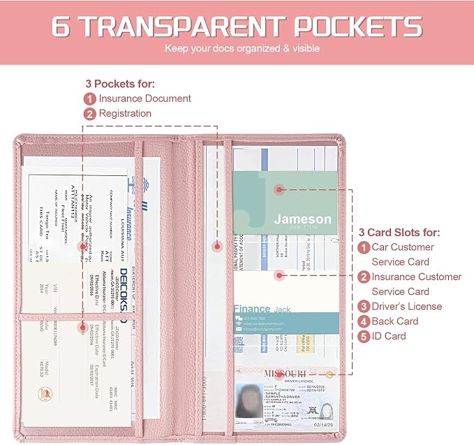 JUSTTOP 2Pack Car Registration and Insurance Holder,Car Document Holder for Cards License with Magnetic Shut,Vehicle Glove Box Car Organizer for Documents, Cards, License(Embossed leather Pink)