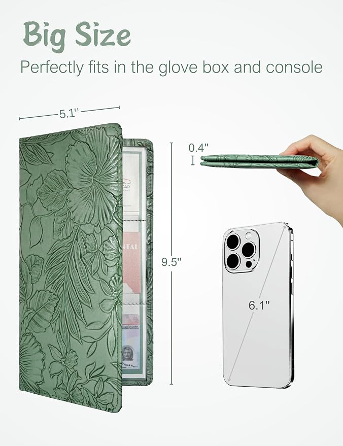 Mymazn Car Registration and Insurance Holder, PU Leather Glove Box Car Organizer with Magnetic Closure, Car Document Holder for Driver's License & Essential Documents (Floral Green)