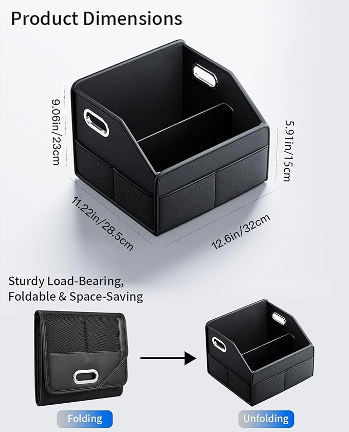 Car Storage Organizer, Foldable with Removable Dividers, PU Leather Seat Organizer with Metal Handle, Non-Slip Stable Design, Passenger Front Seat Storage for Back Seat & Floor, 12.6 Inches
