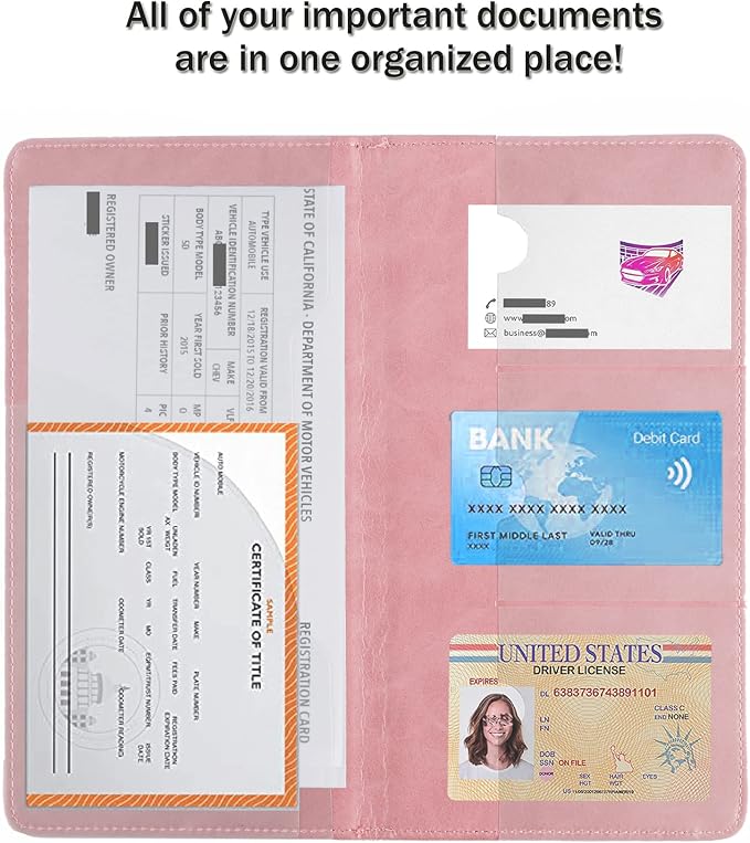UYYE Auto Car Registration and Insurance Documents Holder - PU Leather Vehicle Glove Box Documents Organizer Wallet, Car Interior Accessories Case Holder for Essential Automobile Documents（Pink）