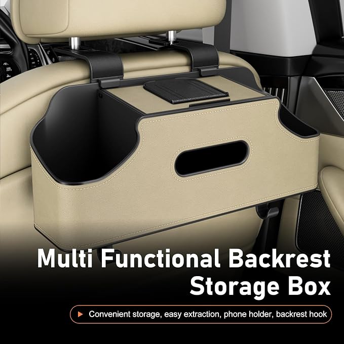 Car Back Seat Organizer, Leather Snap-on Seatback Storage Pocket, Multi-functional Storage Box for Phone Holder Tissues Cup Bracket Hanging Bag, Universal for Most Vehicles (Beige)