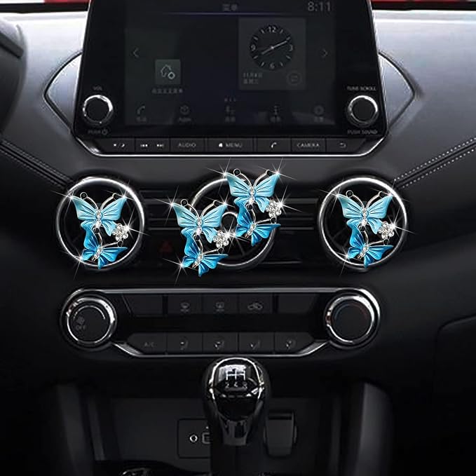 Car Air Fresheners Vent Clips for Women, Cute Dual Butterfly Diamond Rhinestone Air Freshener Vent Clip Sparkly Bling Car Accessories for Women (Blue)