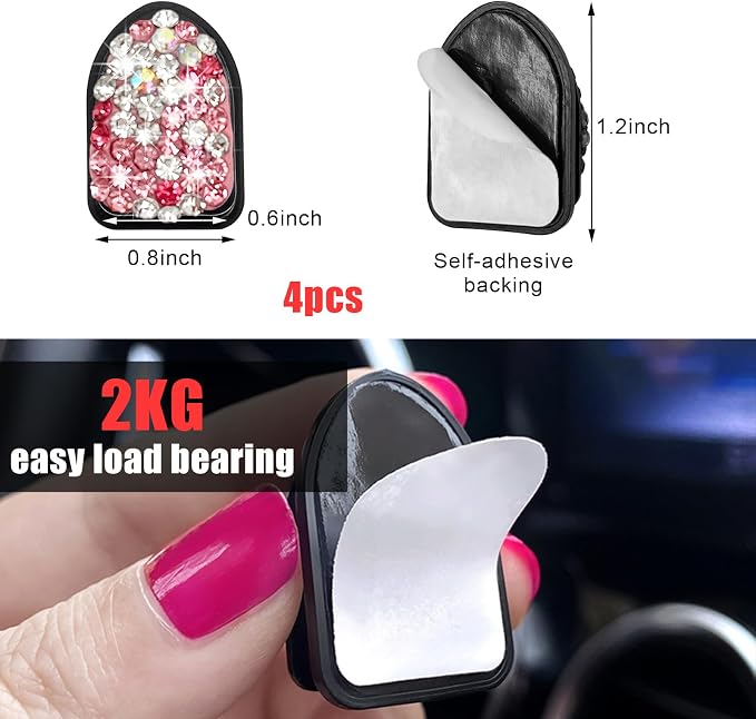 Yourkar 4PCS Bling Car Mini Hooks, Multifunctional Adhesive Small Auto Storage Hook for Key Cable Mask, Crystal Rhinestone Dashboard Hanging Hook, Interior Decor Car Accessories (Pink)
