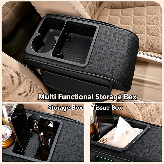 Car Center Console Cover, Auto Car Armrest Cushion 5-in-1 with Cup Holder, Tissue Box Slot, Phone Slot for Vehicle, Car Accessories Interior Storage Organizers (White)