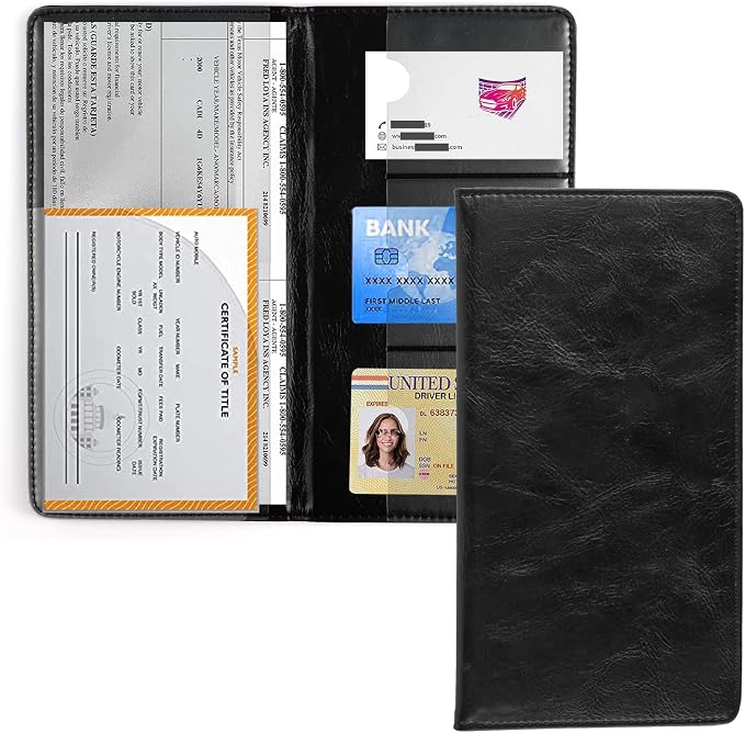 UYYE Auto Car Registration and Insurance Holder - PU Leather Vehicle Glove Box Organizer Wallet, Interior Accessories Case Holder for Essential Automobile Documents（Black）