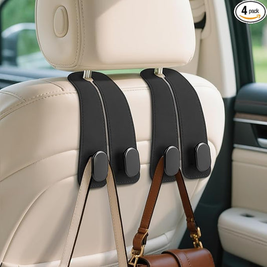 Car Seat Headrest Hooks - 4 Pack Universal Car Purse Hook, Leather Car Bag Purse Holder with Double Metal Hooks for Handbags, Grocery Bags, Bottles, Phones, Black