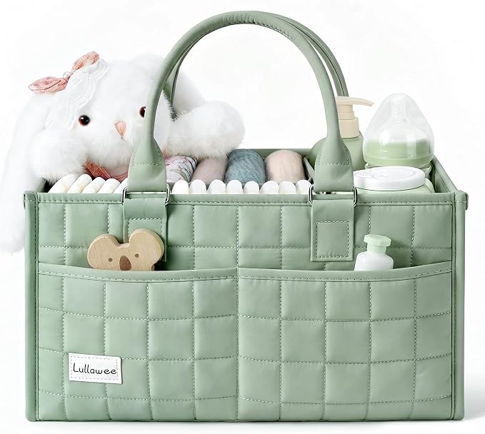 Baby Diaper Caddy Organizer, Portable Nursery Storage Basket with Handle for Newborn Boy or Girl, Gift for Baby Shower Essentials, Registry Must Have Bag, Caddie Car Organizer, Light Green
