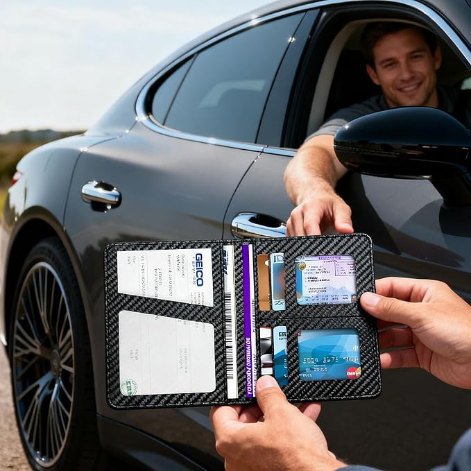 Car Registration and Insurance Holder, Premium Leather Insurance and Registration Holder,vehicle Glove Box Car Organizer, with Magnetic Shut for Cards, Driver License (Carbon Fiber Black-M)