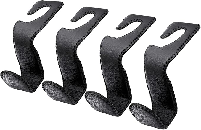 EldHus Seat Hooks for Purses and Bags, 4 Pack Car Purse Holder for Grocery Bag Handbag Clothes, Metal Headrest Hooks Covered by Leather, Black