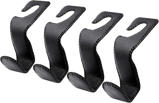 EldHus Seat Hooks for Purses and Bags, 4 Pack Car Purse Holder for Grocery Bag Handbag Clothes, Metal Headrest Hooks Covered by Leather, Black