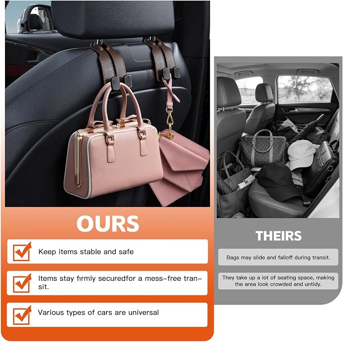 Car Seat Headrest Hooks for Purses and Bags, 4-Pack Heavy Duty Car Seat Hooks with Anti-Slip Pad, Universal Car Backseat Organizer Hanger Accessories for Grocery Bags (Grey)