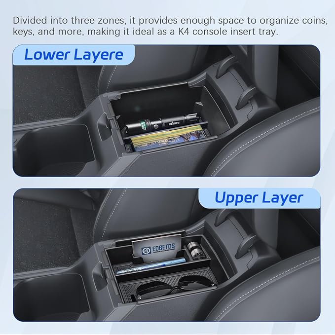 EDBETOS OEM Fit 2026 K4 Dual Layer Center Console Organizer Tray Compatible with 2025 2026 Kia K4 Accessories Armrest Storage Box Double Layer Armrest Insert Tray w/Coin Holder ABS Plastis