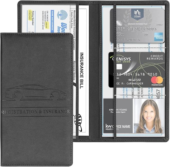XINLIYA Car Registration and Insurance Card Holder, PU Glove Box Essential Documents Paperwork Driver License Organizer for Car, Wallet Case Auto Vehicle Truck Accessories (Black)