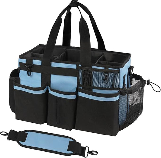SCAVATA Wearable Cleaning Caddy, Cleaning Caddy Supplies Organizer with Handle & Shoulder Straps for Housekeepers, Under Sink & Car Cleaning Tool Organizers Bag with 4 Foldable Divider (Blue)