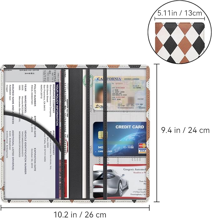 Car Registration and Insurance Holder, Premium Pu Leather Vehicle Glove Box Organizer - for Driver License, Cards & Essential Documents (L-Diamond pattern)
