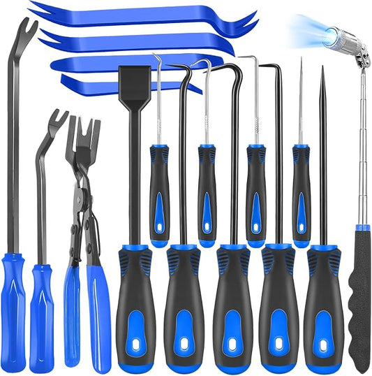 DOAHO 17Pcs Mechanic Hook and Pick Tool Set & Car Trim Removal Kit with Fastener Clip Pliers,Rivet Puller,Magnetic Pickup,Gasket Scraper,Non-Scratch Plastic Pry Tools for Automotive Repair-Blue