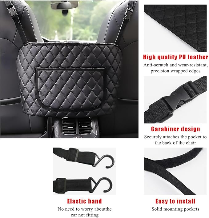 Car Handbag Holder Between Seats, Leather Large Capacity Front Seat Handbag Storage Organizer, Automotive Interior Storage Pocket for Cell Phone Document, Car Accessories