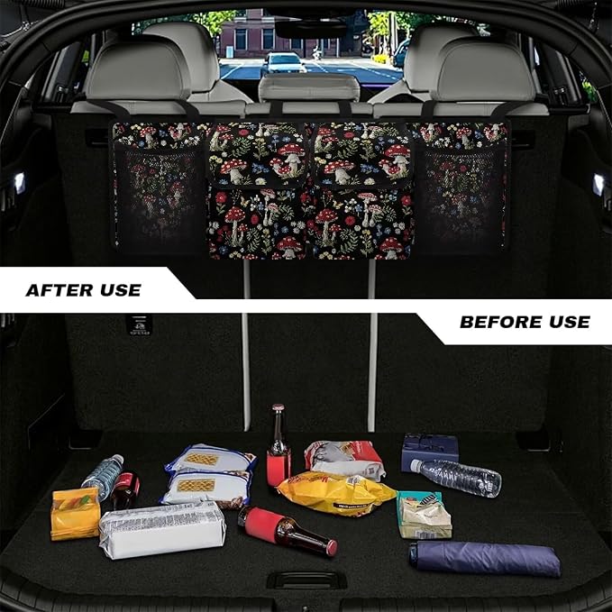 Mushroom Designs Car Trunk Organizer Hanging Car Back Seat Storage Bag with 4 Large Pockets Multipurpose Collapsible Storage Bag Automotive Interior Accessories