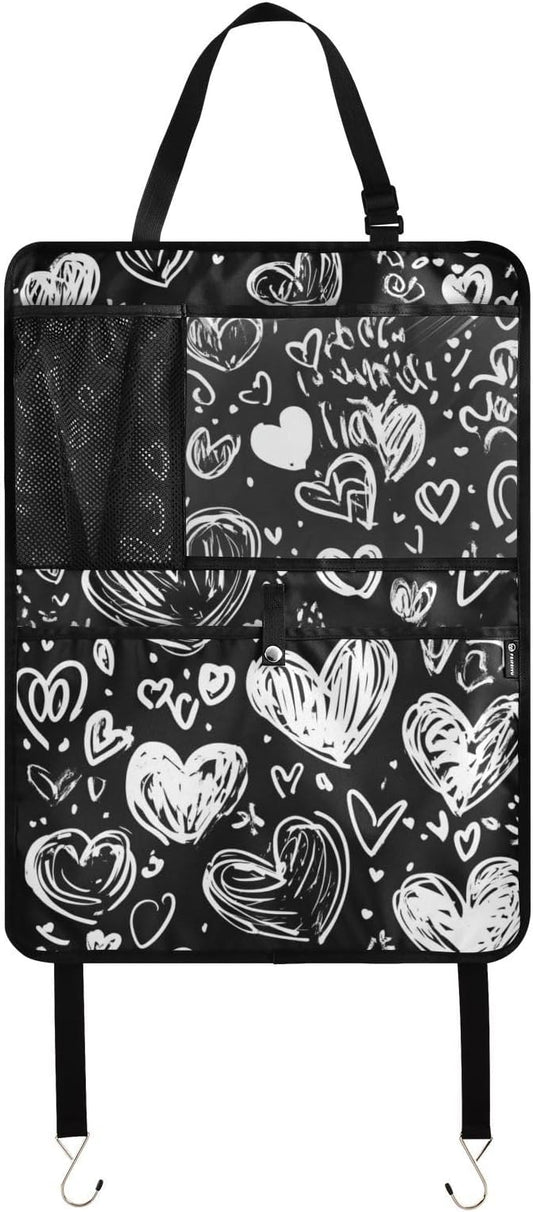 White Dodle Hearts 1 Pack Backseat Car Organizer with Storage Pockets Seat Back Organizers for Kids Kick Mats Backseat Protector Automotive