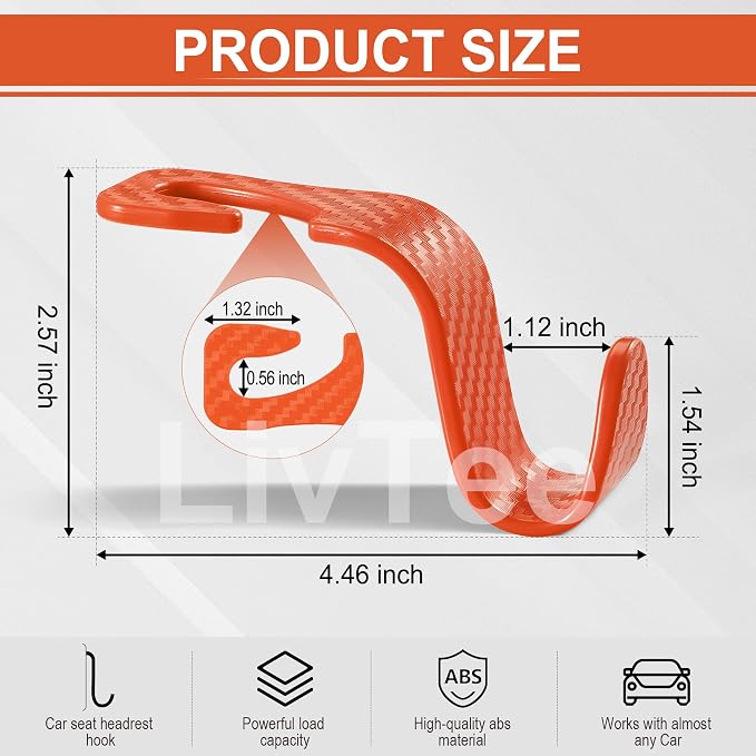 LivTee Car Purse Hook, 4 Pack Universal Auto Seat Headrest Hook Hangers Organizer for Coats, Umbrellas, Groceries - Carbon Fiber Orange