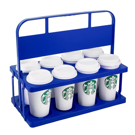 Bodaon 8 Cup Drink Carrier with Handle, Plastic Cup Carriers for Drinks, Drink Holder for Car, Take Out Delivery Drivers Accessories, Portable Foldable Reusable Mobile, Use for Food Delivery Bag, Blue