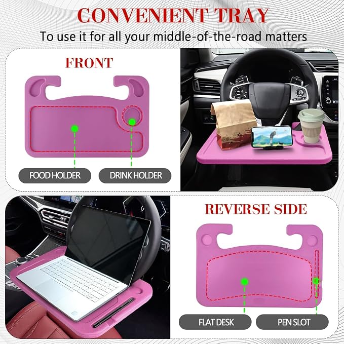 2 in 1 Car Steering Wheel Desk, Car Tray, Car Steering Wheel Desk Tray & Auto Seat Gap Filler Organizer, Multipurpose Travel Auto Steering Wheel Under Table Console for Most Vehicles (Pink)