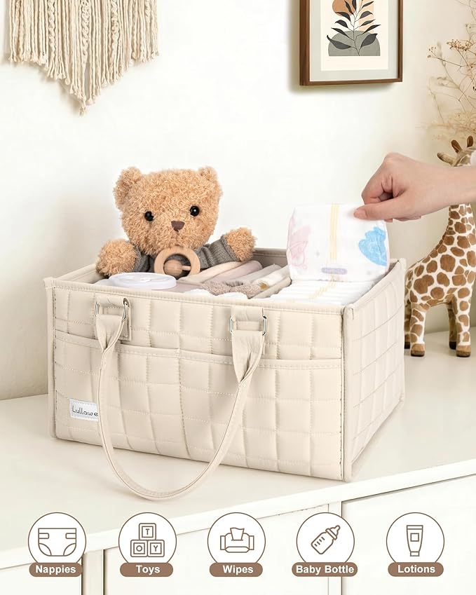 Baby Diaper Caddy Organizer, Portable Nursery Storage Basket with Handle for Newborn Boy or Girl, Gift for Baby Shower Essentials, Registry Must Have Bag, Caddie Car Organizer, Beige