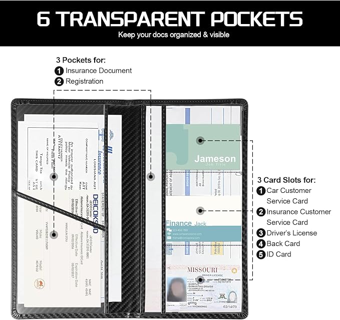 JUSTTOP 2Pack Car Registration and Insurance Holder,Car Document Holder for Cards License with Magnetic Shut,Vehicle Glove Box Car Organizer for Documents, Cards, License(Carbon Fiber Black)