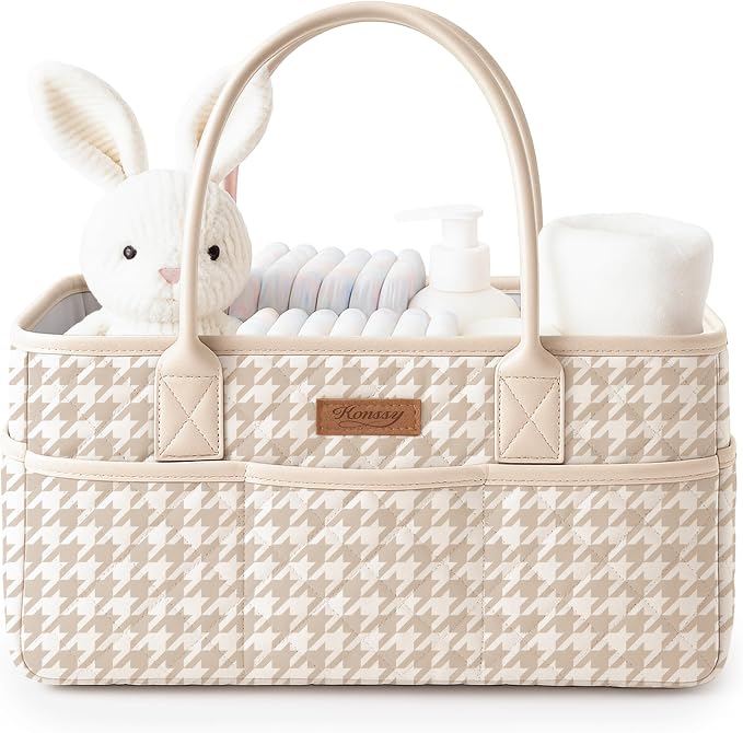 Konssy Quilted Diaper Caddy Organizer, Diaper Caddy Basket with PU Leather Handles, Water-Repellent Nursery Storage Basket, Portable Car Organizer, Registry Search Must Haves (Apricot Hound)