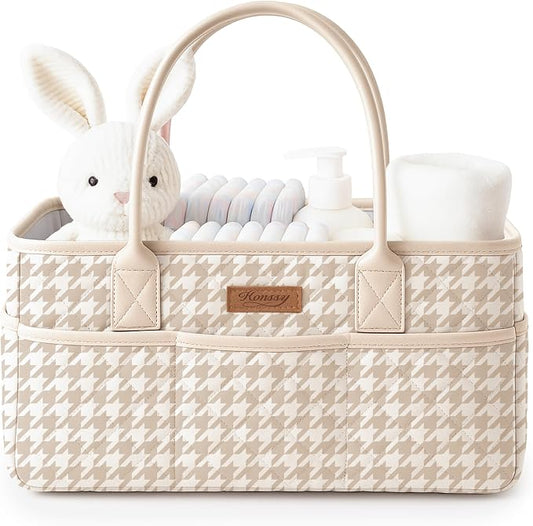 Konssy Quilted Diaper Caddy Organizer, Diaper Caddy Basket with PU Leather Handles, Water-Repellent Nursery Storage Basket, Portable Car Organizer, Registry Search Must Haves (Apricot Hound)