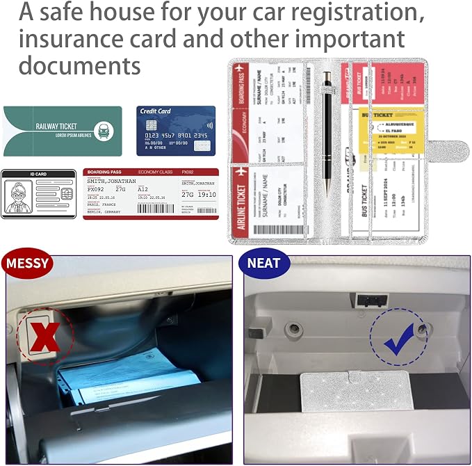 Car Registration and Insurance Card Holder with Magnetic Closure, Leather Vehicle Glove Box Automobile Documents Paperwork Wallet Case Organizer for ID, Driver's License, Key Contact Information Cards